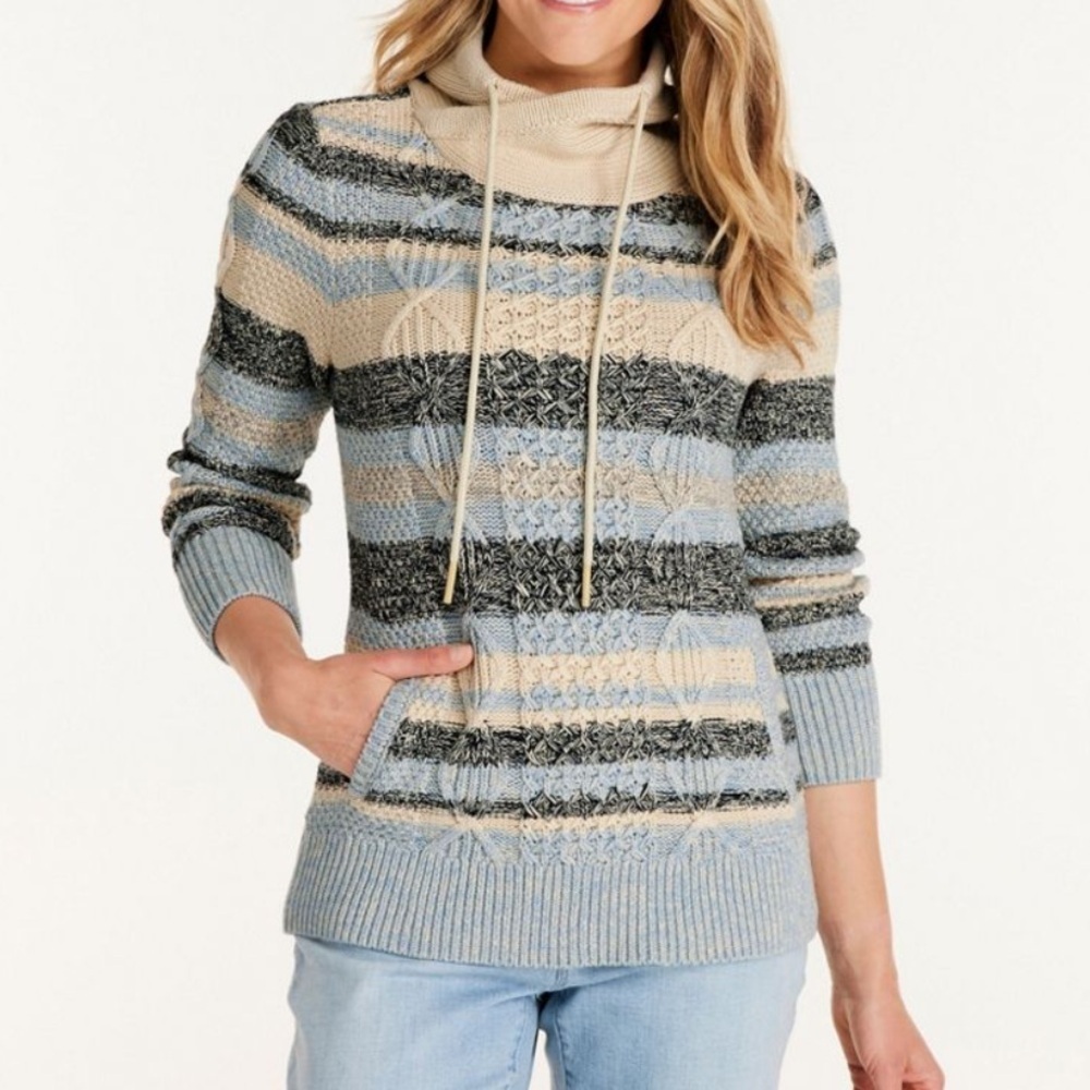 L.L.Bean cableknit sweater Cotton Funnelneck cream blue gray pullover small new